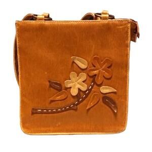 Chateau 3d Floral Small Shoulder Bag Top Handle Bag Purse Leather Brown Tan Boho